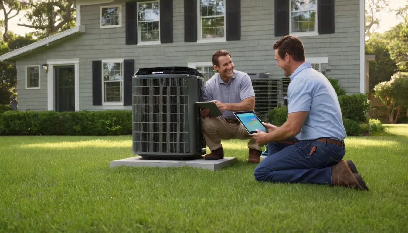 A friendly HVAC provider talking with a homeowner beside a new outdoor air conditioner at a home in Richmond