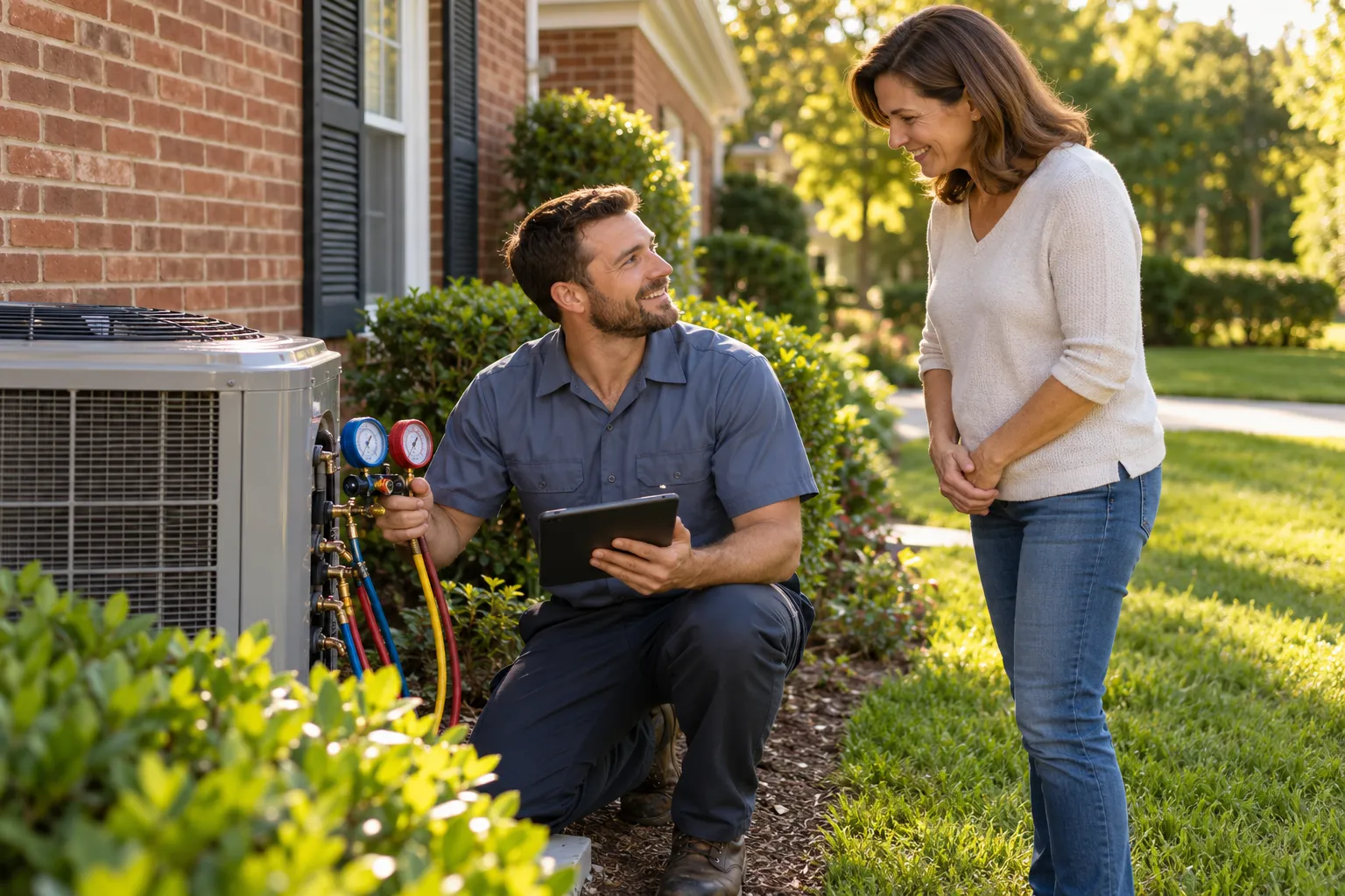 A friendly HVAC provider checking an outdoor air conditioner at a colonial home near Richmond