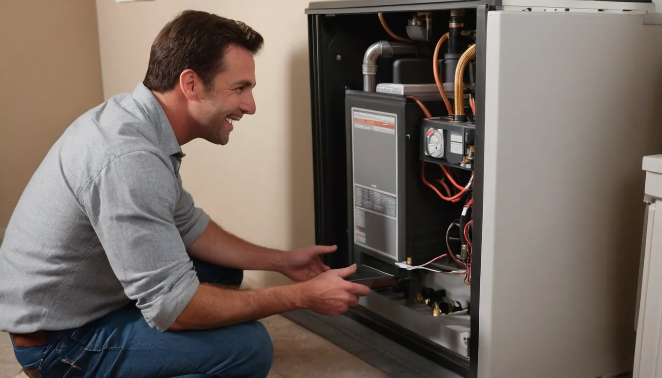 A friendly local HVAC provider checking a home furnace in a basement in Richmond